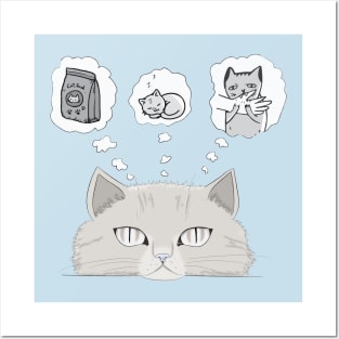 Cute Grey Cat Thinking Posters and Art